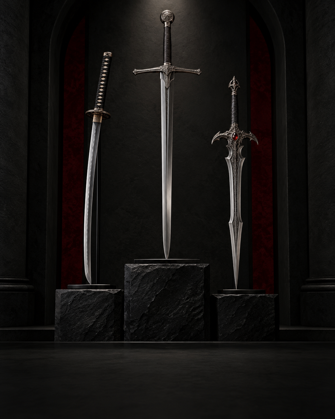 Best selling collectible swords on black display