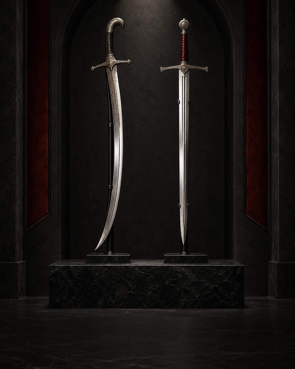 Historical sword replicas on black display