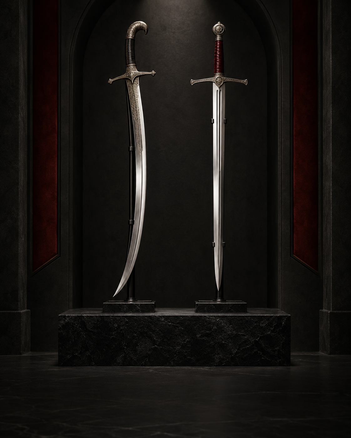 Historical sword replicas on black display
