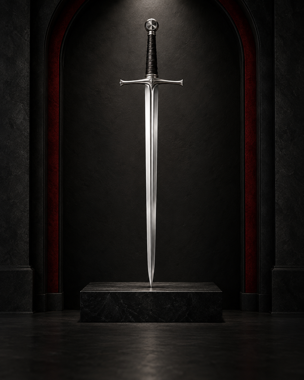 Medieval sword collection on black display