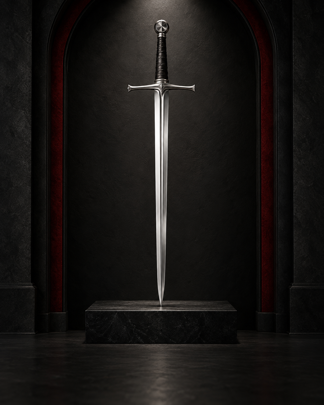 Medieval sword collection on black display
