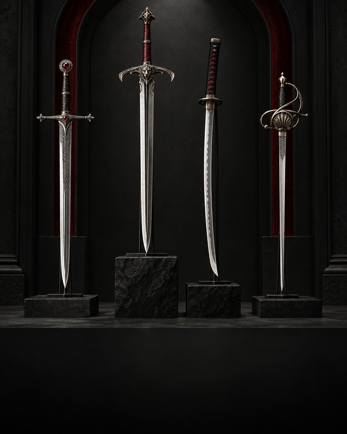 Collectible sword range on black display