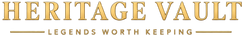 The logo for Heritage Vault, featuring the words 'HERITAGE VAULT' in a gold serif font, with the tagline 'LEGENDS WORTH KEEPING' underneath in smaller gold text, centered on a solid white background.