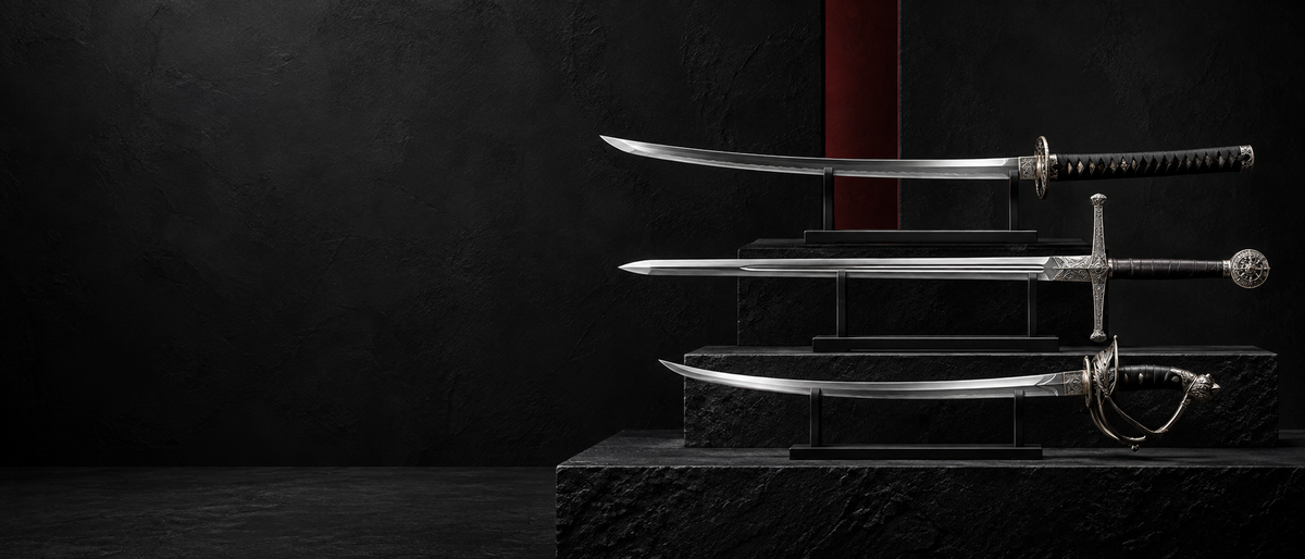 Premium collectible swords on black museum stands