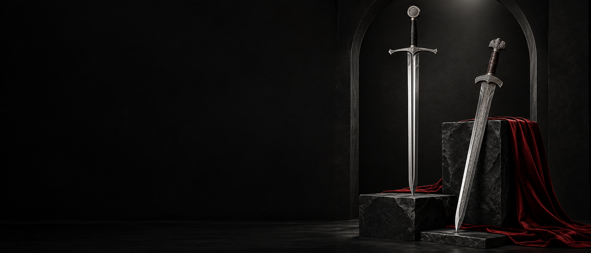 Medieval and Viking display swords in a black gallery